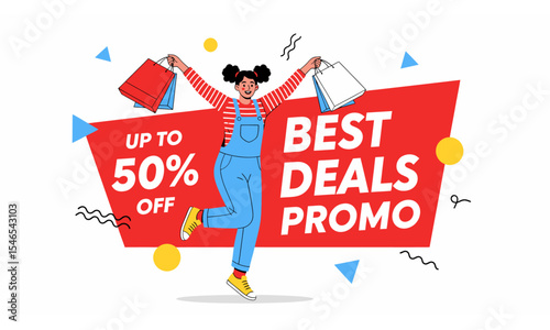A vibrant illustration of a joyful woman with shopping bags highlights a "BEST DEALS PROMO UP TO 50% OFF" banner. Playful shapes add energy. Ideal for e-commerce, social media, and print ads promoting