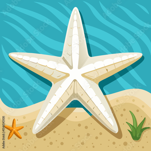 Large starfish on sandy beach by turquoise ocean
