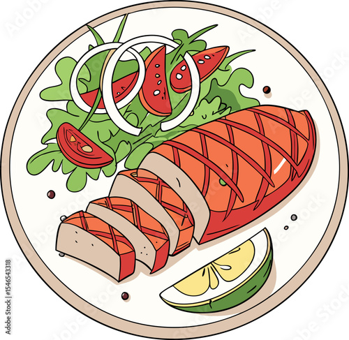 Realistic red meat grill and salad vector image on the plate
