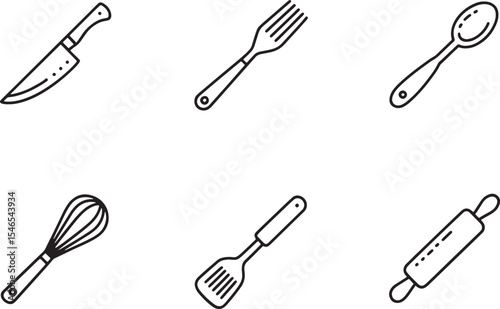 Six Minimalist Black Line Art Kitchen Utensils Set Knife Fork Spoon Whisk Spatula Rolling Pin White Background