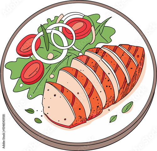 Realistic red meat grill and salad vector image on the plate