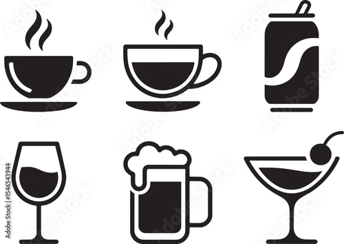 Six Minimalist Black Silhouette Icons Coffee Tea Soda Wine Beer Cocktail Drinks Set vector