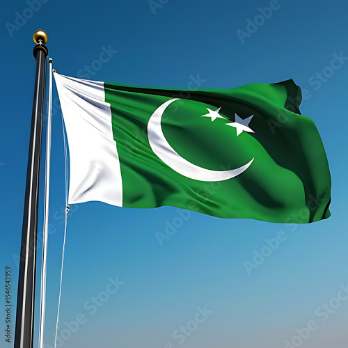 Pakistan flag waving on a flagpole against a clear blue sky