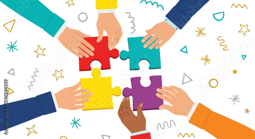 Diverse Hands Joining Colorful Jigsaw Puzzle Pieces