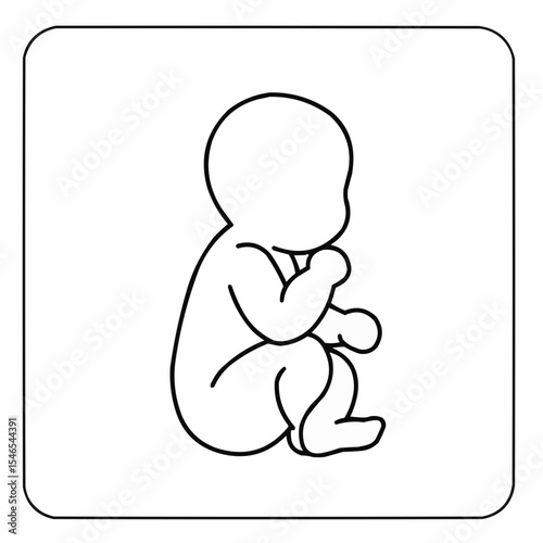 Outline of a seated baby figure sucking thumb in profile view  