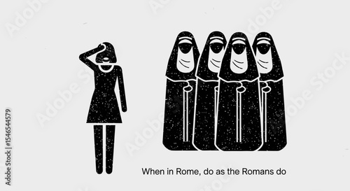 Illustrated Woman Contemplating Group of Covered Figures, "When in Rome"