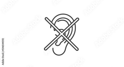 Line art icon: crossed-out human ear, prohibiting sound or hearing