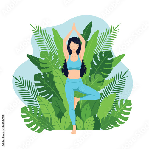 Woman in yoga pose stretching exercises with green plants on the background, vector flat illustration