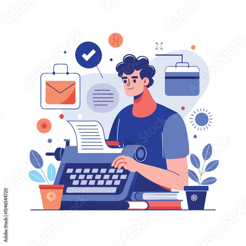 Illustrative Writer with Typewriter Surrounded by Creativity, Knowledge, and Communication Elements