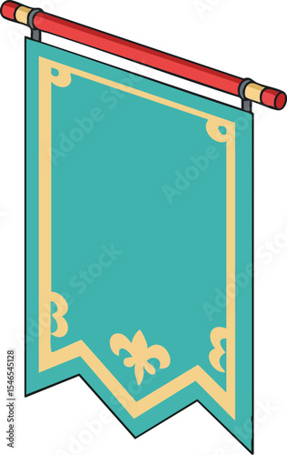 Decorative teal banner with golden trim and fleur-de-lis pattern hanging on red rod in isometric style
