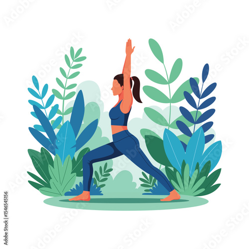 Illustration of Woman stretching exercises in yoga pose with plants on the background, vector flat design