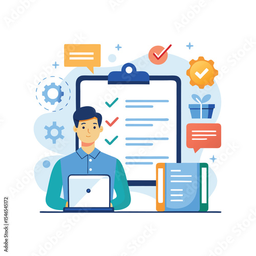 Project Management Illustration with Checklist, Man and Laptop for Business Efficiency