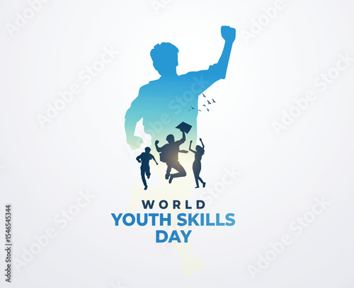 World Youth Skills Day, 15 July. World Youth Skills Day text with Young peoples celebrating success.