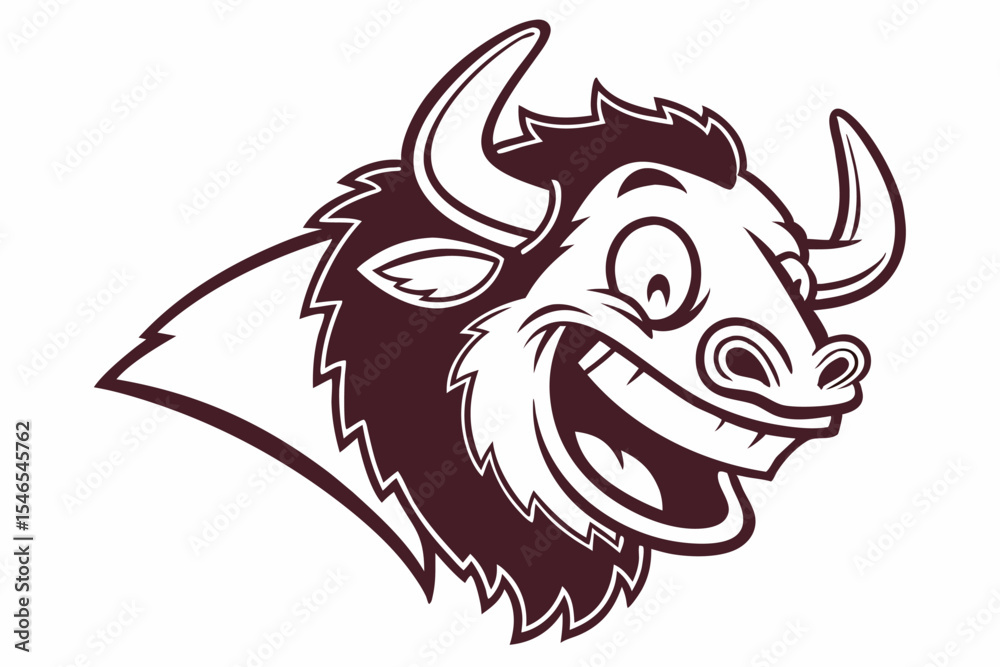 Obraz premium Cartoon buffalo head with big horns and wide grin showcases fun style