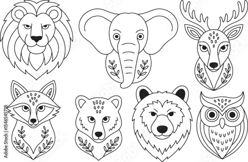 Black And White Line Art Illustrations Of Lion Elephant Deer Fox Bear And Owl Heads With Floral Elements