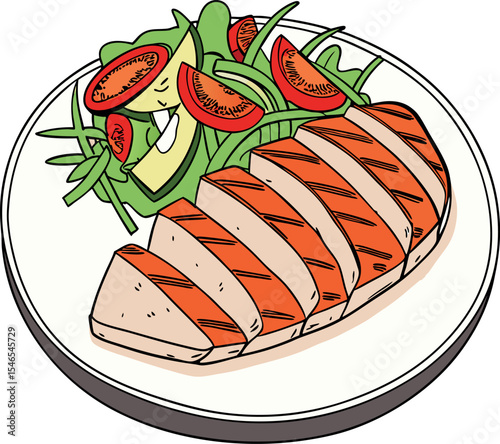 Realistic red meat grill and salad vector image on the plate