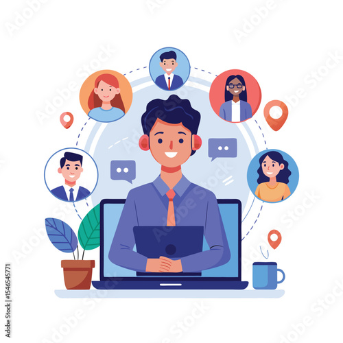 Virtual Meeting Illustration: Online Communication, Teamwork, and Global Connection