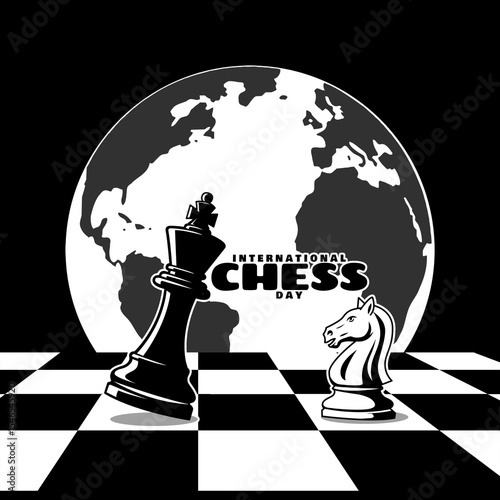 International Chess Day to celebrate on July 20th. Black chess king with white knight on chessboard with globe background on black background. Sport event banner.