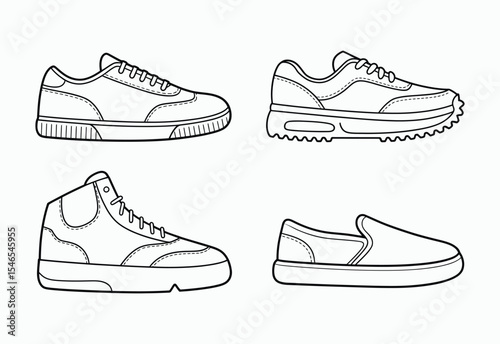 Four different styles of casual shoes line art