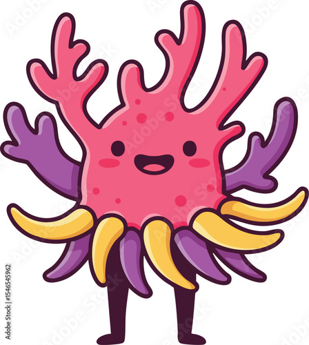 Cute pink coral reef creature with yellow and purple tentacles cartoon character illustration 