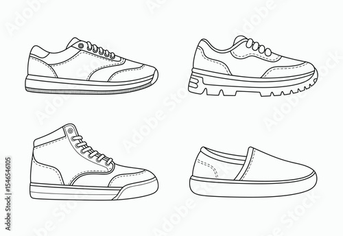 Four different styles of casual sneakers line art