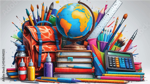 Colorful school supplies including pencils, pens, crayons, and notebooks, isolated on a white background for a back-to-school concept