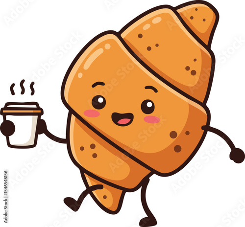 Animated croissant character holding a steaming coffee cup with happy expression and cheerful vibe 