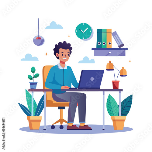 Young Professional Working from Home with Laptop, Clock and Office Decor