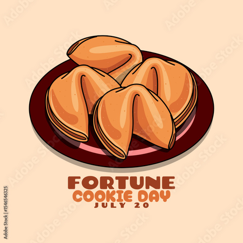 National Fortune Cookie Day to celebrate on July 20th. Fortune cookies are served on maroon plates on beige background. Food event banner.