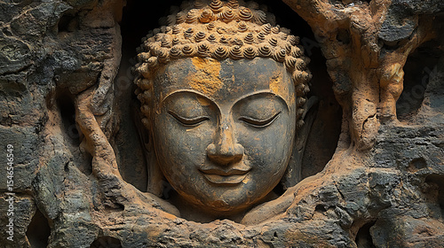 Intricately detailed rendering of the stone carvings at Wat Mahathat, emphasizing the iconic Buddha head entwined in tree roots against a bright white background 