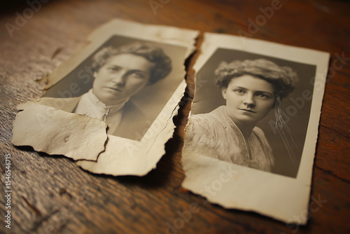 Old photograph torn in half on the table, emotional silence and memory.