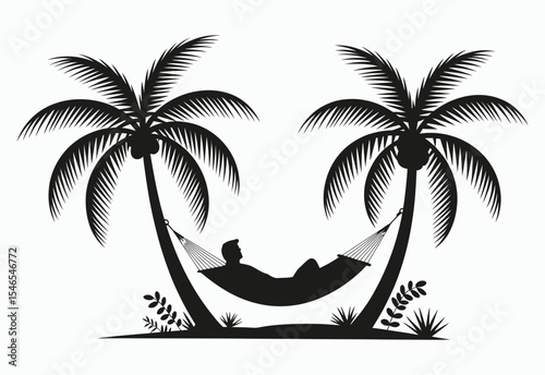 Relaxing in hammock between two palm trees silhouette