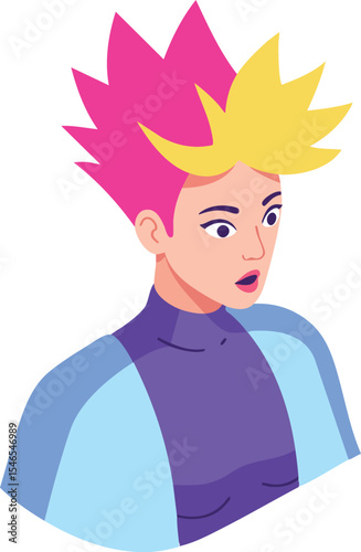 Young woman with surprised expression and bright pink and yellow spiky hair in colorful clothing digital illustration 