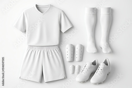 Create a realistic mockup of a design template, White. Football kits and equipment. Football shirt, Football shorts, Football socks, Football boots, Football shin guards, isolated on white background.
