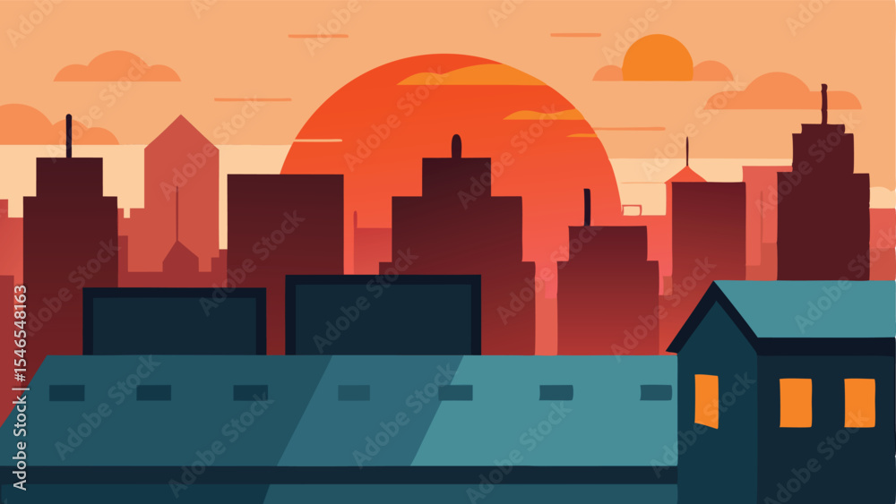 Naklejka premium Abstract sunset cityscape illustration with silhouetted buildings and urban scenery