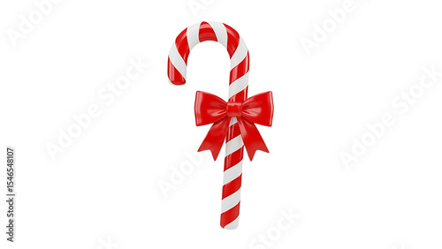 A vibrant red and white candy cane, adorned with a glossy red bow, is presented against a plain white background.