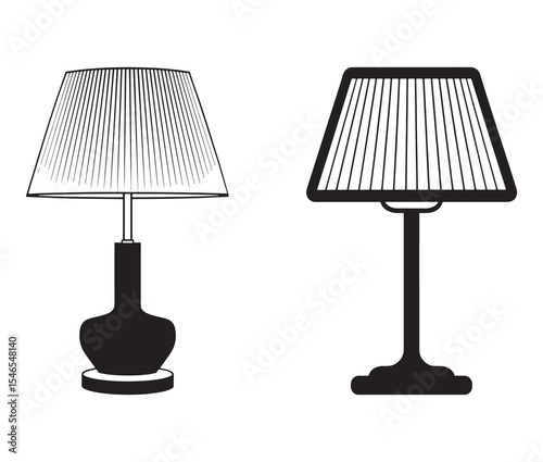 Vector illustration of a lamp. Black and white table lamp silhouettes.