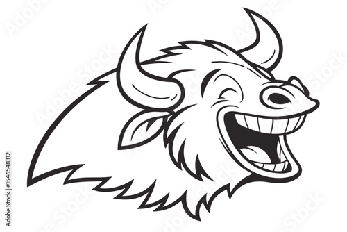 Laughing cartoon bull head shows teeth in black and white line art drawing