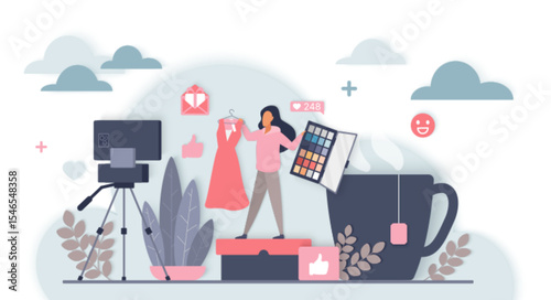 Female influencer creating fashion content with camera, makeup palette, dress, and social media icons under stylized clouds for online vlogging and lifestyle blogs vector illustration