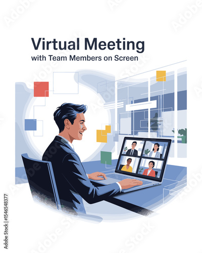 Man in Virtual Meeting with Team on Laptop Screen, Online Collaboration