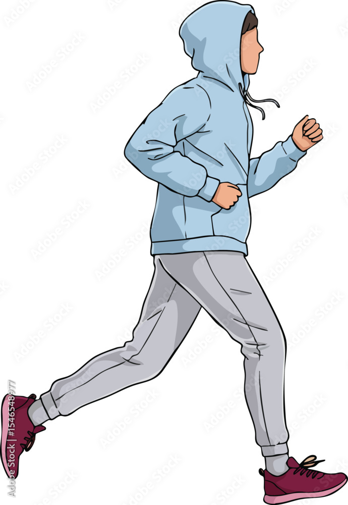 Person running in blue hoodie and grey sweatpants with maroon sneakers side view natural movement Person running in blue hoodie and grey sweatpants with maroon sneakers side view natural movement