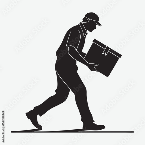 Black silhouette of a delivery man carrying box, working posture, white background