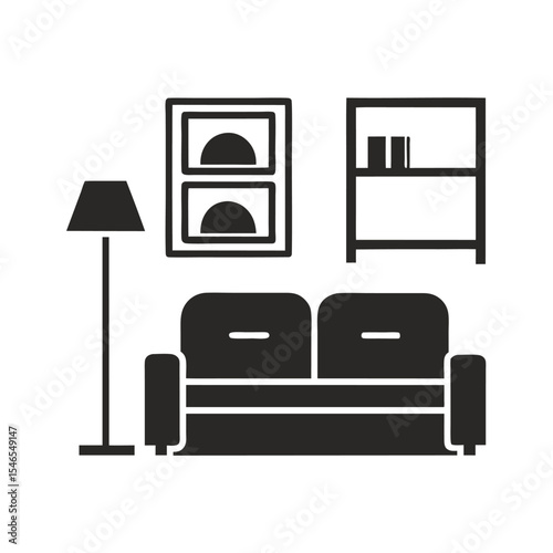 Simple Black Silhouette of Living Room Furniture Set including Sofa Floor Lamp and Bookshelf on White Background