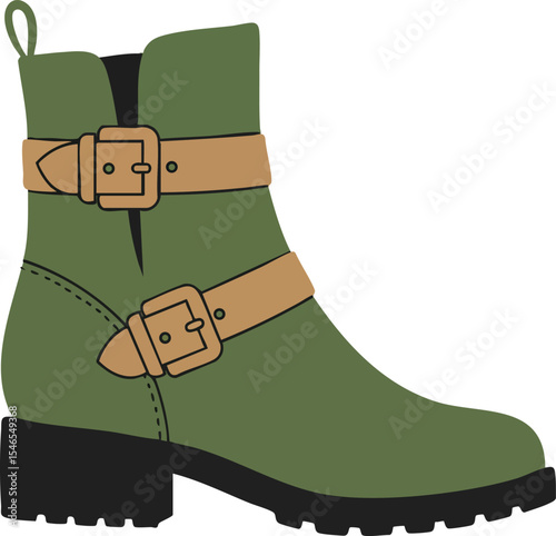 Green ankle boot with brown buckle straps and black sole fashion footwear for casual wear 