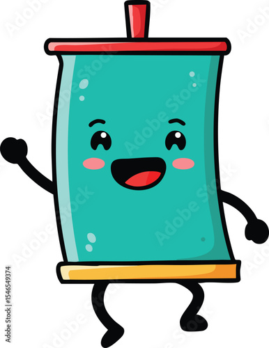 Happy cartoon scroll character with teal and red colors waving and smiling cheerfully in playful style