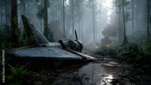 Tank moving through a foggy forest after war