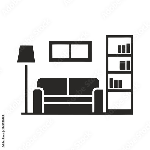 Simple Black Silhouette of Living Room Interior with Sofa Floor Lamp Bookshelf and Pictures on White Background