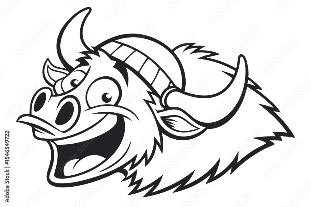 Fototapeta premium A happy cartoon Warthog's head with tusks and fur, smiling broadly in black and white