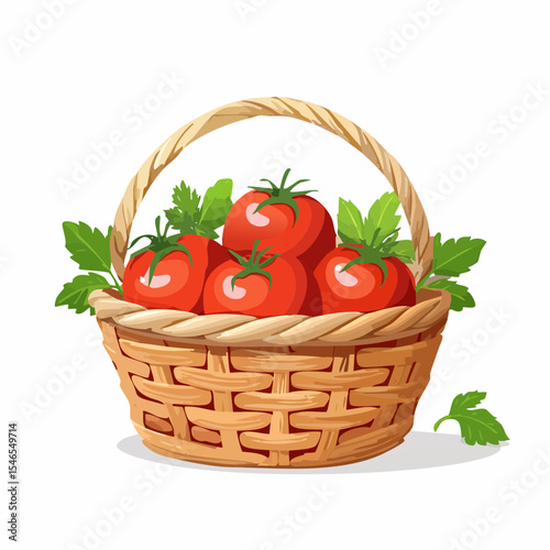 Harvest Bounty: A rustic basket brimming with vibrant, ripe tomatoes and fresh parsley, embodying the essence of a wholesome harvest, healthy eating and the simple pleasures of natural foods.