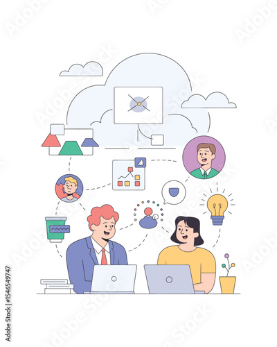 Virtual collaboration, team communication, cloud computing, and data analysis illustration